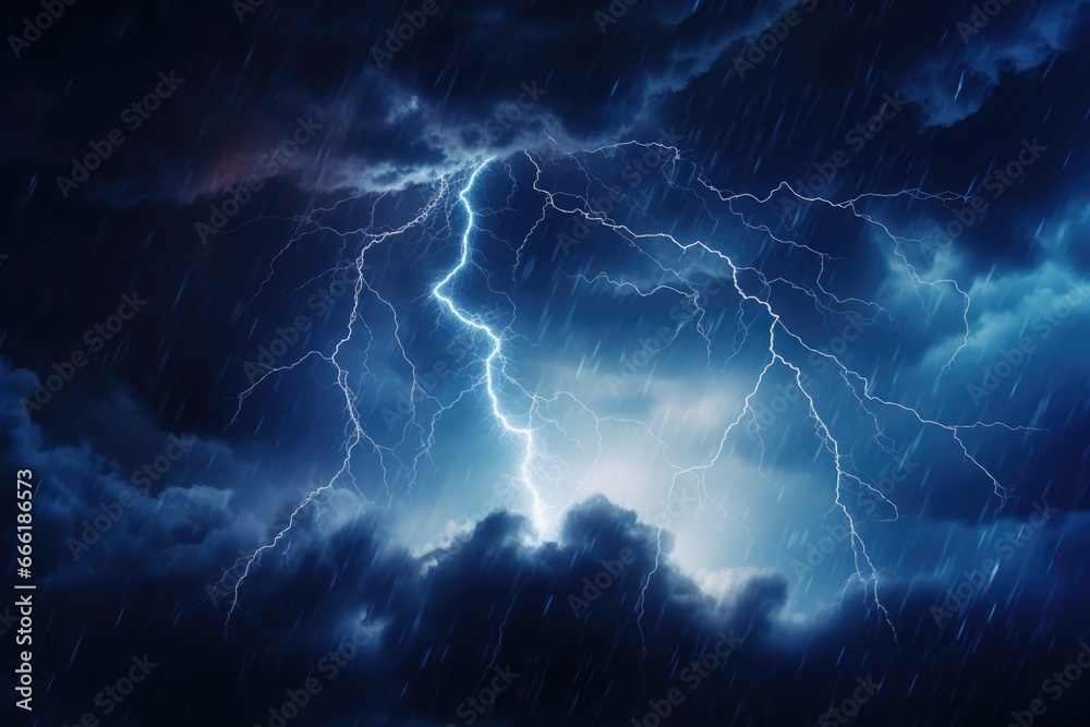 Poster a powerful lightning bolt cutting through the sky filled with dark clouds.