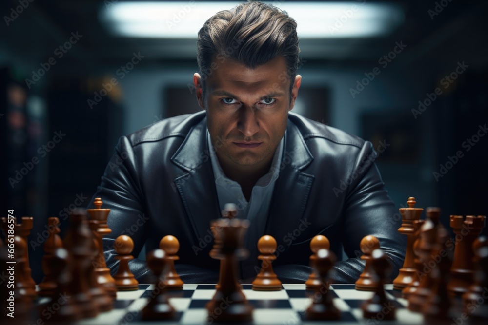 Poster A man in a leather jacket playing chess. Versatile image suitable for various contexts.