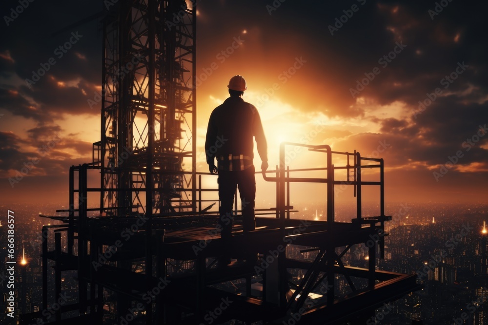 Poster A man stands on top of a building that is still under construction.