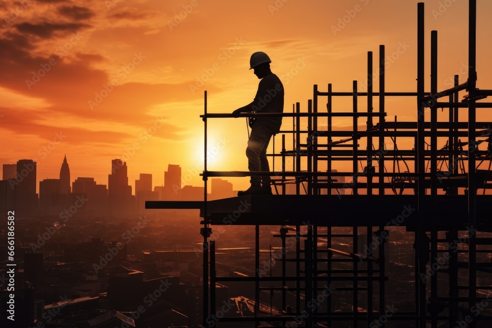 Poster a construction worker standing on a scaffolding during a beautiful sunset. this image can be used to