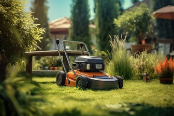 A lawn mower sitting in the middle of a lush green yard. Perfect for showcasing a well-maintained garden or yard. Ideal for landscaping and gardening themes.