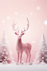 Decorative pink glitter Christmas deer with Christmas trees. AI Generative.