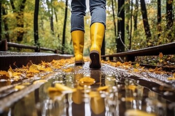 A person is depicted walking down a path wearing bright yellow rain boots. This image can be used to represent outdoor activities, rainy weather, or exploring nature. - obrazy, fototapety, plakaty