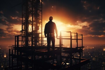 Obraz premium A man stands on top of a building that is still under construction.