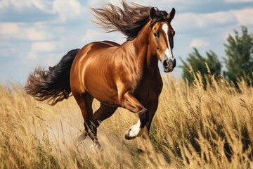 Naklejka na ściany i meble A brown horse is captured in motion as it runs through a field of tall grass. This image can be used to depict freedom, nature, or outdoor activities.