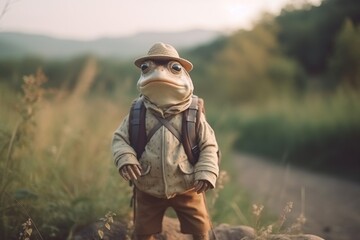 happy toad wearing travel clothes going on vacation