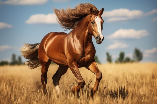 A brown horse running through a field of tall grass. This image can be used to depict freedom, nature, and the beauty of the outdoors. © Fotograf