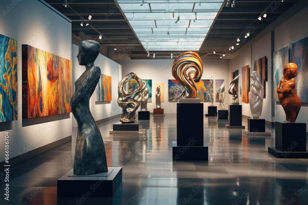 Poster A room filled with a wide variety of art pieces. This image can be used to showcase a diverse art collection or to illustrate the concept of creativity and artistic expression