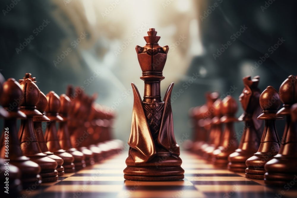 Poster A detailed view of a chess board with numerous chess pieces. This image can be used to depict strategic thinking, decision-making, or a competitive environment