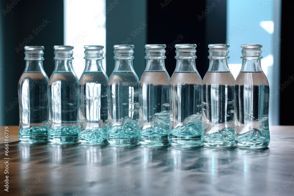 Poster A row of empty glass bottles sitting on a table. This versatile image can be used for various purposes