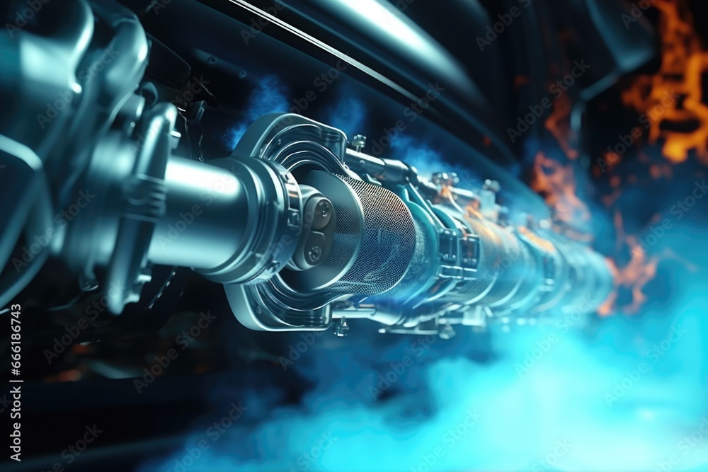 Poster A close-up view of a machine emitting a large amount of smoke. This image can be used to depict industrial processes, pollution, or mechanical failures