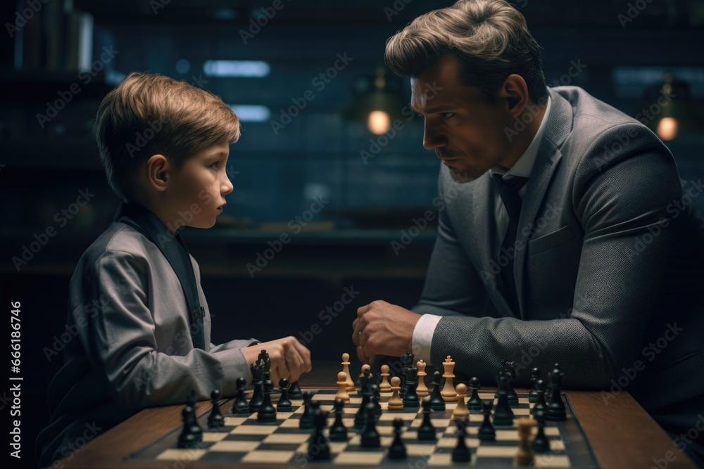 Poster A man and a young boy engaged in a strategic game of chess. This image can be used to depict the bond between generations or the development of critical thinking skills