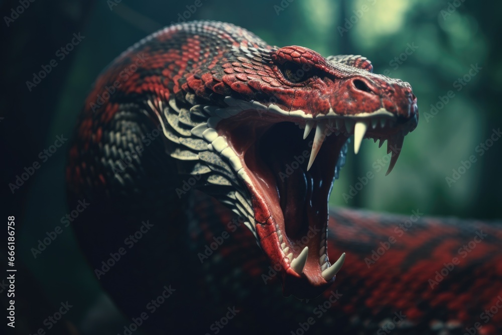 Poster A striking image of a red and black snake with its mouth wide open. Perfect for nature enthusiasts and those looking to depict danger or fear in their projects