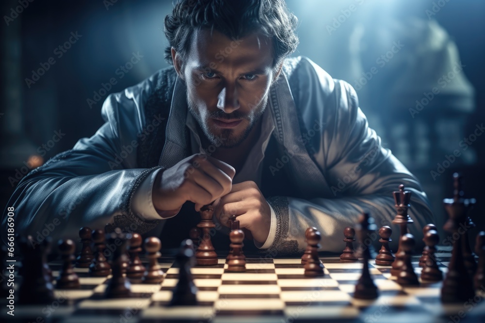 Poster A man is engaged in a game of chess. This image can be used to depict strategic thinking, problem-solving, concentration, or intellectual challenges