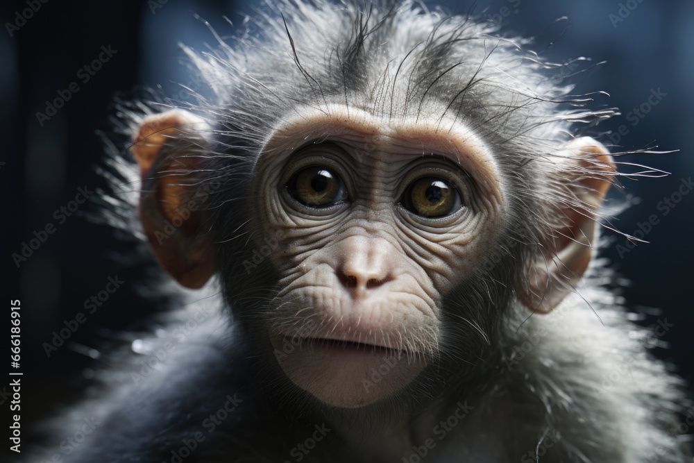Poster a detailed close-up of a monkey's face with a blurry background. this image can be used to depict wi