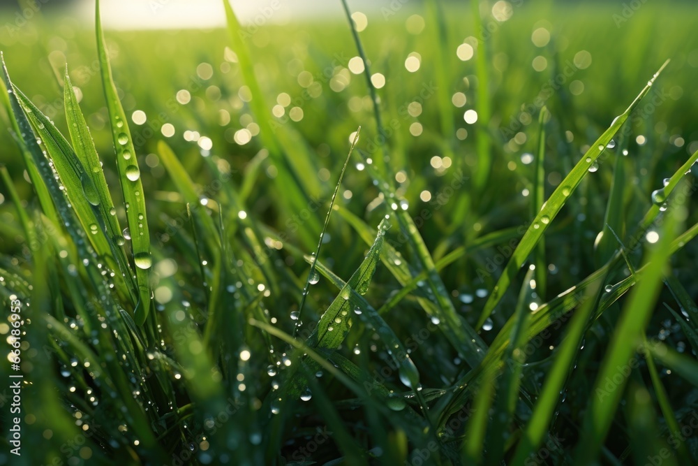 Poster a close-up view of grass blades covered in sparkling water droplets. perfect for nature-themed desig