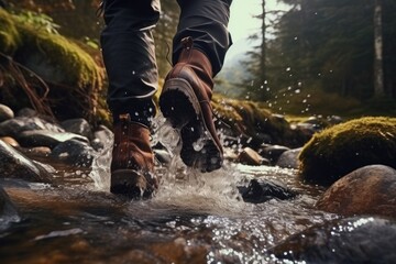 A person is depicted walking across a stream of water. This image can be used to represent crossing obstacles or taking a journey. - obrazy, fototapety, plakaty