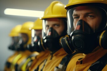 A group of men wearing gas masks and helmets. This image can be used to depict safety precautions, hazardous environments, or emergency response scenarios - obrazy, fototapety, plakaty