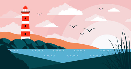 Lighthouse flat landscape. Lighthouse on coastline, clouds and flying bird flock. Beacon sea or ocean in stones, safety symbol decent vector background