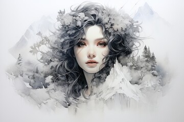Enchanting Winter Beauty, Mysterious Forest Nymph, Dark Tresses Elegance, Snowy Woodland Goddess, Ethereal Ebony Charm, generative AI, JPG