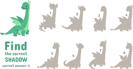 Find correct dragon shadow. Children play location with different dragons or dinosaurs shadows. Educational paper toy nowaday vector template