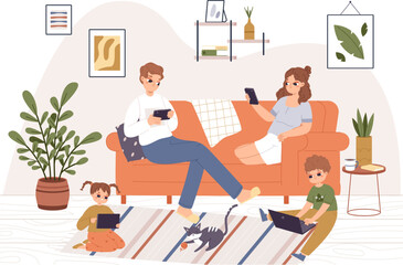 Family using gadgets at home. Evening in living room, adults and kids social media and internet addiction. People chatting and studying snugly vector scene