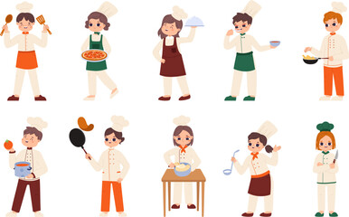 Kids cooking in white chef uniform with kitchen tools. Children chefs characters, cartoon kitchen workshop toddlers. Snugly restaurant vector set