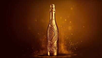 champagne bottle and glass with sparkles - obrazy, fototapety, plakaty