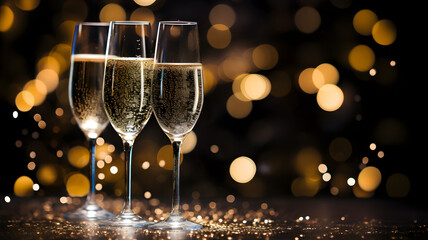 Three glasses of champagne, new year celebration, Christmas, holidays, atmosphere 