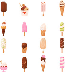 Isolated popsicle ice cream. Tasty sweet cold desserts icons, childish ice creams collection. Chocolate and creamy, fruits juice snugly vector clipart