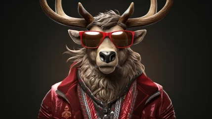Gordijnen Cool hipster santa claus reindeer with sunglasses © Hamza