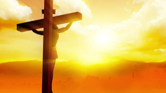 Biblical motion graphics series, back view of Jesus on the cross wearing a crown of thorns