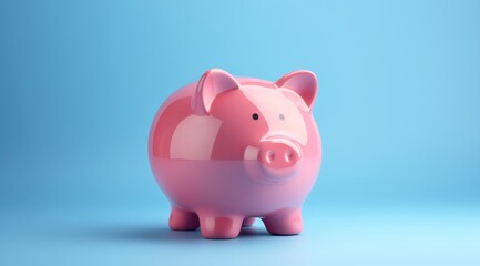 Cute Pink Piggy Bank on Vibrant Blue Background with Copy Space