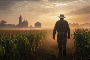 Silhouette in a fog of a farmer walks along a cornfield in the evening fog. In the distance is a...