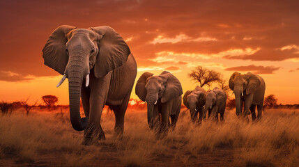 Herd of elephants in the savanna at sunset - obrazy, fototapety, plakaty