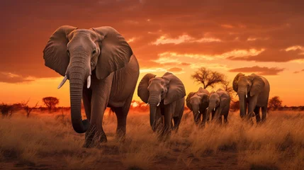 Foto op Plexiglas Herd of elephants in the savanna at sunset © Veniamin Kraskov