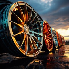 Car rims in the display case and asphalt background are neatly arranged in various shapes and sizes for automotive purposes, modification, industry, inspiration, catalogs, etc. Generative Ai Image