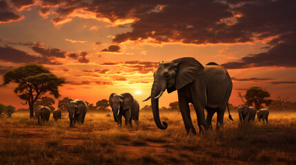 Fototapeta na wymiar Herd of elephants in the savanna at sunset