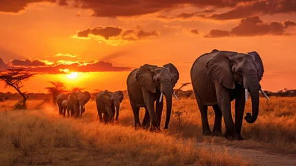 Papier Peint photo Orange Herd of elephants in the savanna at sunset