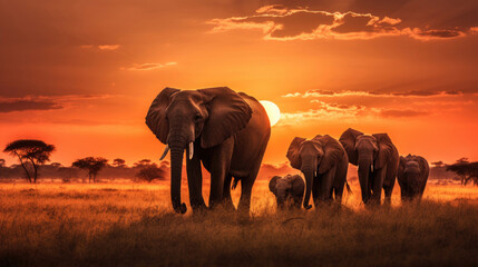 Fototapeta na wymiar Herd of elephants in the savanna at sunset