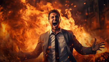 Aggressive businessman screaming in front of a burning building. Fire concept.