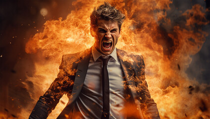 Fototapeta na wymiar Aggressive businessman screaming in front of a burning building. Fire concept.
