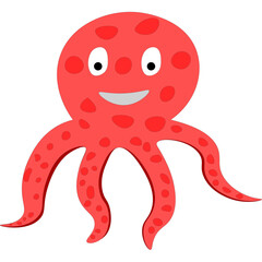 Flat vector illustration of a red octopus. Octopus or squid, red anemone. Marine creatures.