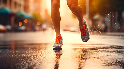 Gros plan sur les jambes d'une athlète en train de courir en ville pendant un marathon. - obrazy, fototapety, plakaty