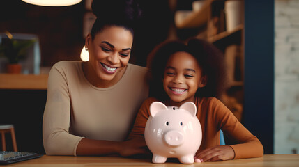 Une mère apprenant à sa fille a épargner de l'argent dans un cochon tirelire.  - obrazy, fototapety, plakaty