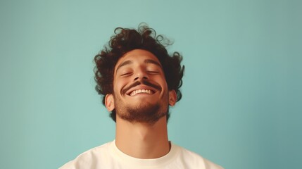 Obraz premium Laughing Man isolated on the Minimalist Pastel Color Background 