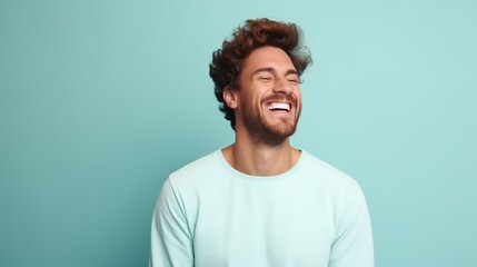 Fototapeta premium Laughing Man isolated on the Minimalist Pastel Color Background 