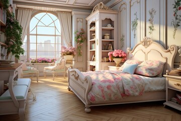 Provence style bedroom interior with maximalist floral decoration