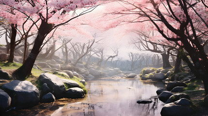 Obraz na płótnie Canvas Cherry blossoms in full bloom along the river