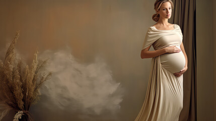 Elegant pregnant woman in loose fit dress in minimalist studio interior with copy space. 